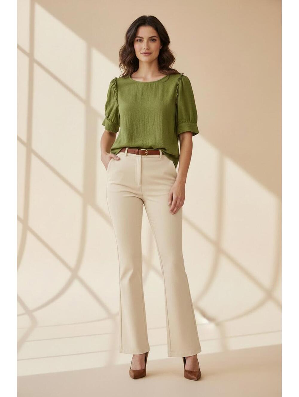 Lauren Conrad Moss Green Puff Sleeve Hi-Low Popover, Size Large